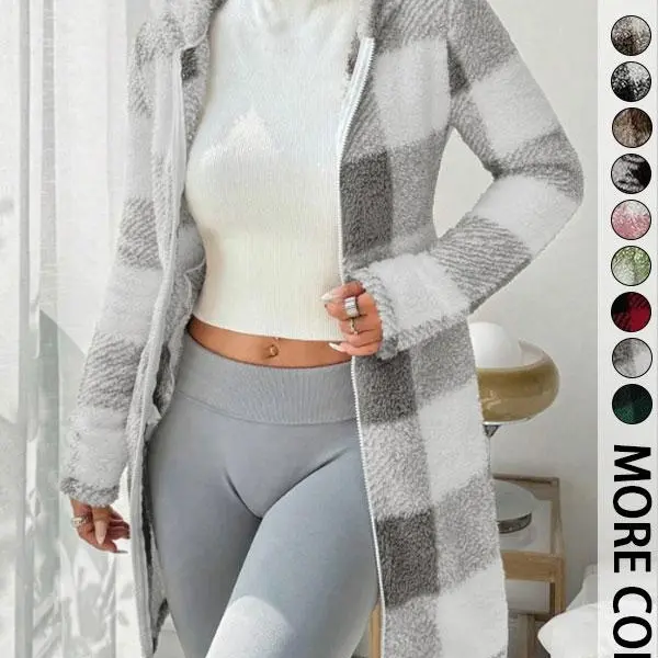 Women’s plaid fleece hooded slim-fit jacket, stylish casual design, soft and fluffy fleece fabric, full zip closure and hood design, mid-length silhouette, available in multiple colors, Valentine’s Day edition, autumn/winter outerwear
