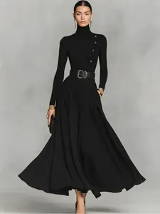 Elegance High Neck Button Long Dress, Business Formal Party Evening Gown, Classic Stylish Design, Versatile Fashionable Look