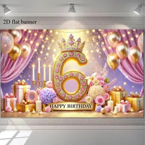 2D flat banner 6th Happy Birthday Decoration for Girls Princess Party Background Banner with Balloons Flowers Outdoor Banner for Photography Home & Party Decor, Party Decorations Banners