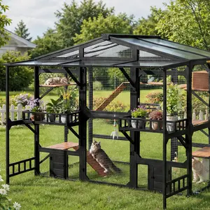 ARCH Extra Large Outdoor Catio for 6-10 Cats, Metal Cat Cage Outdoor with Weatherproof Roof, 6 Platforms, Climbing Ramp, Resting Box, Scratching Post, Cat House with Storage Shelves, Black/Brown Options, Black/Brown Color Options, PC/Pine Material