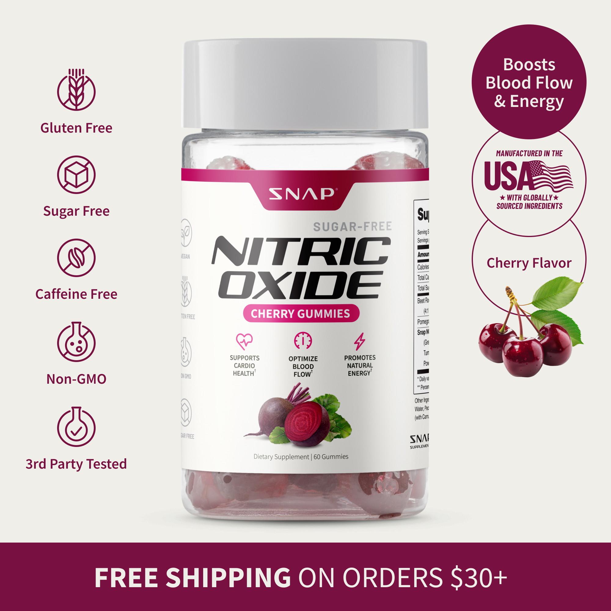 Snap Supplements - Sugar Free Nitric Oxide Beet Root Gummies - Heart Health, Energy Boost - Circulation - Nitric Oxide Booster - 3rd party tested
