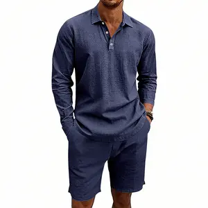 Spring and summer men's linen casual loose breathable long sleeved lapel POLO shorts set for men