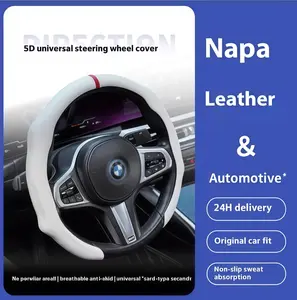 Napa Nappa Leather 15Inch 5D Premium Steering Wheel Cover Ultra-Thin Breathable Anti-Slip Sweat-Resistant Easy Install Universal Fit Enhance Driving Safety Comfort Must-Have Car Essential