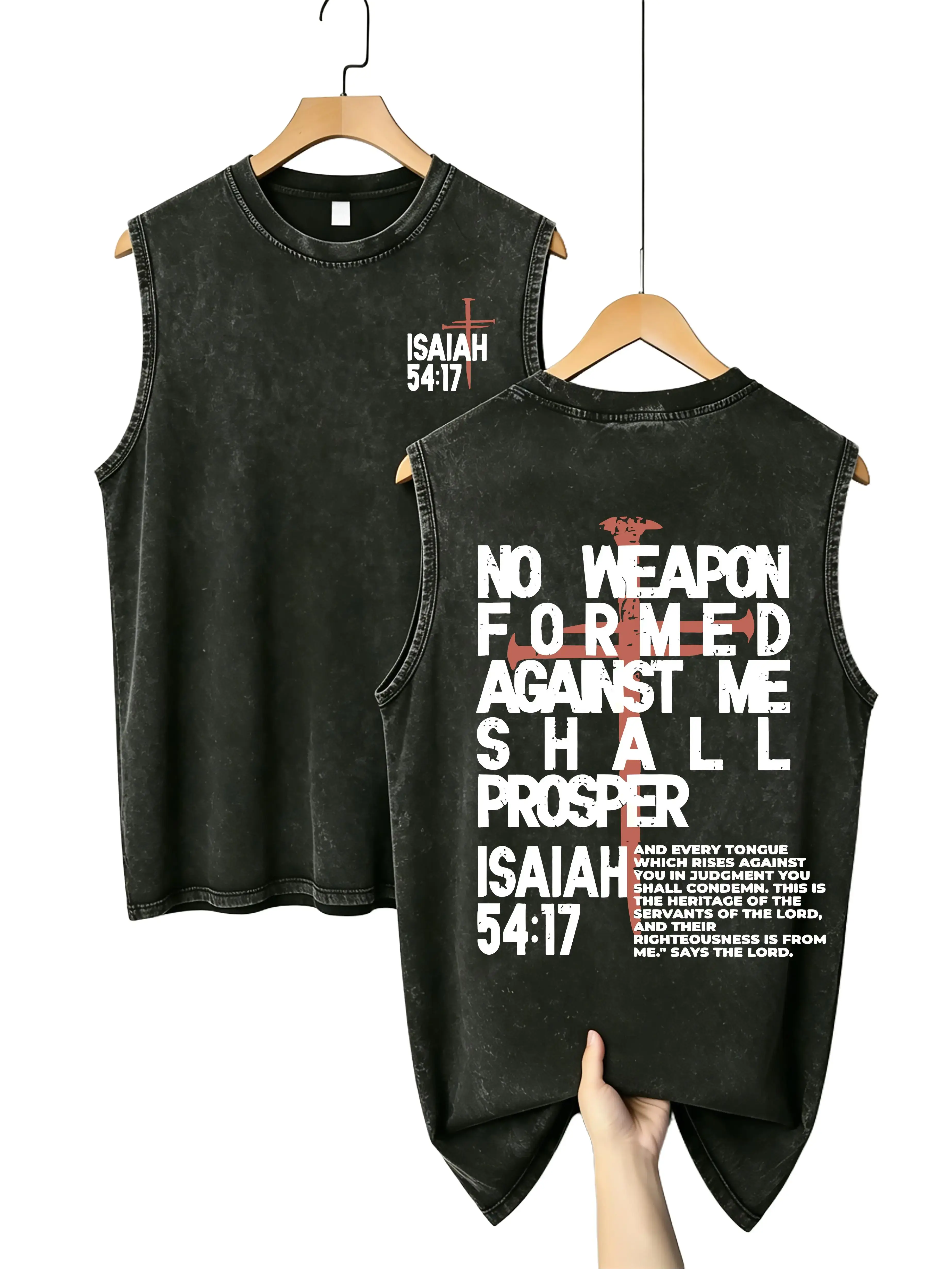 Men's Christian Graphic Tank Top, Vintage Acid Wash with Isaiah 54:17 Print, Oversized Baggy Cotton Blend, Sleeveless Faith-Based Streetwear, Retro