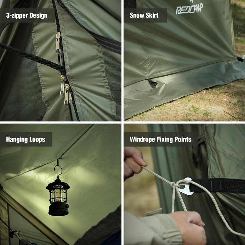 RedCAMP Large Hammock Hot Tent 11.8x6.6x6.2ft Waterproof Windproof 4 Season Family Camping Canopy Shelter 210T Polyester 3-Zipper Design