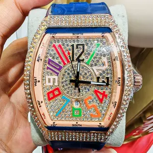 Barrel-Shaped Diamond-Encrusted Quartz Watch with Colorful Numerals Women's Full Diamond Tonneau Dial Watch with Silicone Strap Luxury Iced-Out Tonneau Watch with Multicolor Number Markers Fashion Rhinestone Tonneau Quartz Wristwatch for Women