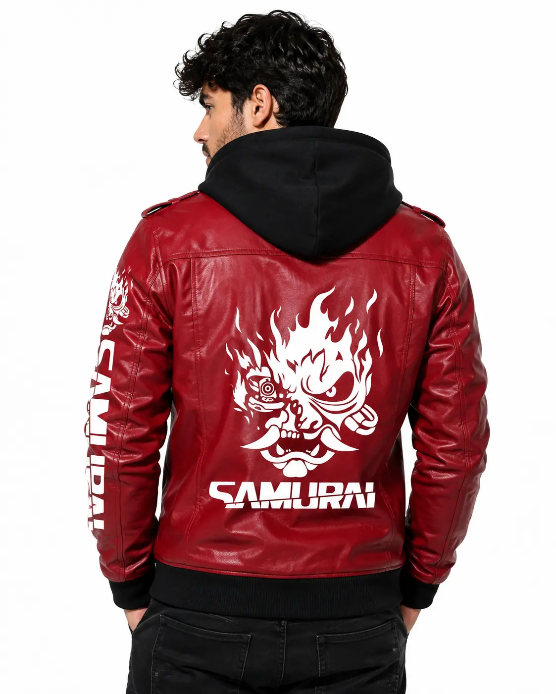Cyberpunk Samurai Inspired Leather Jacket – Gaming Style Jacket with Removable Hood Tops Long Sleeve
