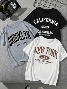 Women's Letter Print Round Neck Tee, Casual Streetwear Short Sleeve Crew Neck T-Shirt for Summer, Fashion Women's Top for Daily Wear
