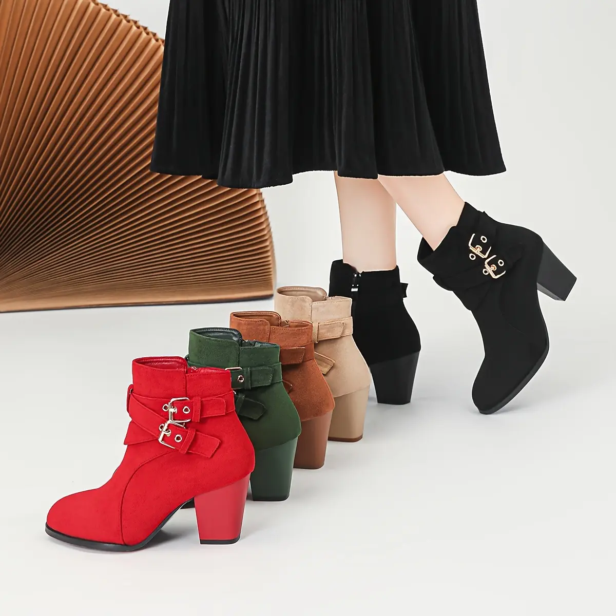 Women's Ankle Boots with Side Zipper, Straps, Chunky Heel, Comfortable Height-Increasing Boots, Women Shoes
