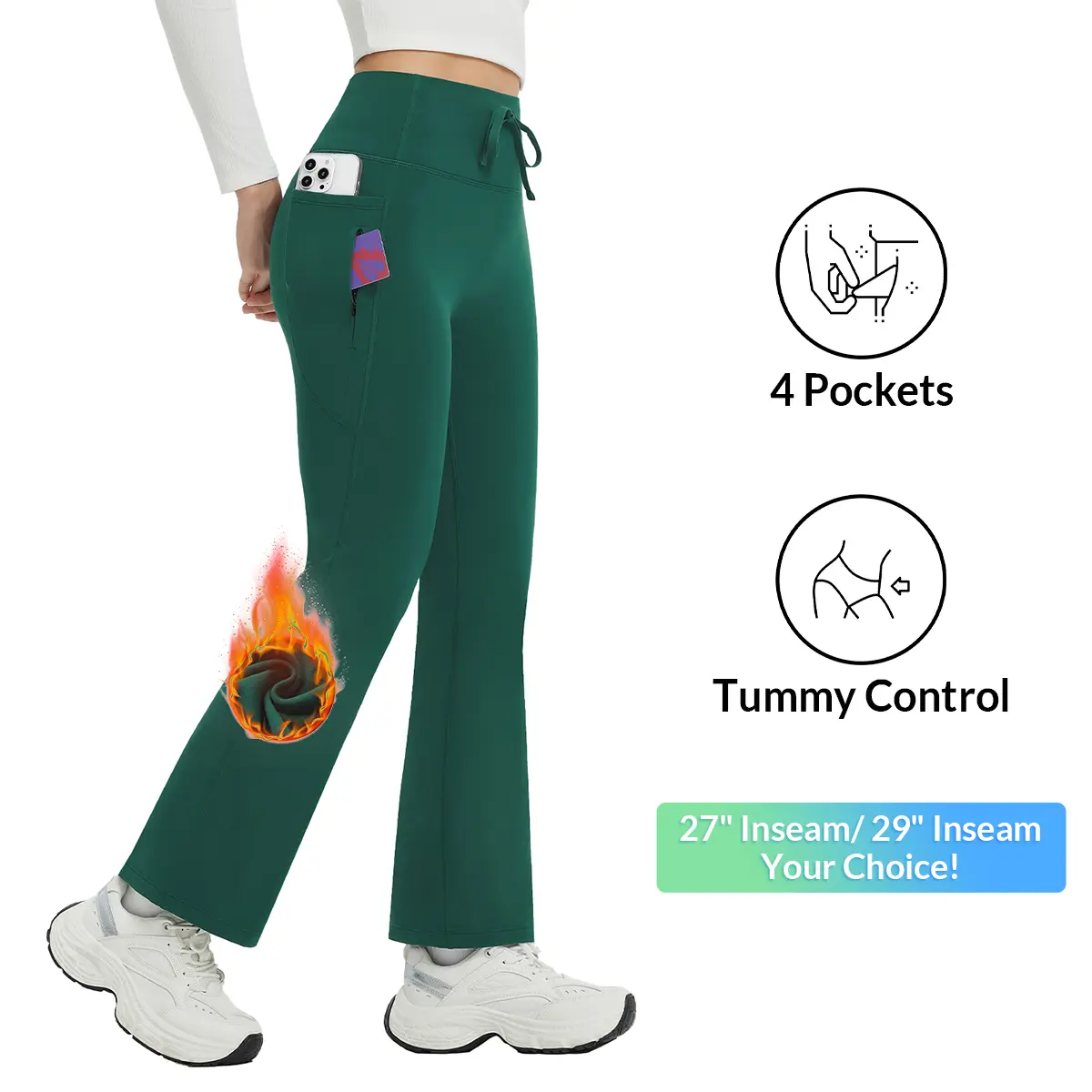 baleaf Women's Fleece Lined Pants, Cute Thermal High Waist Bootcut with Flared Bottom and Zipper Pockets
