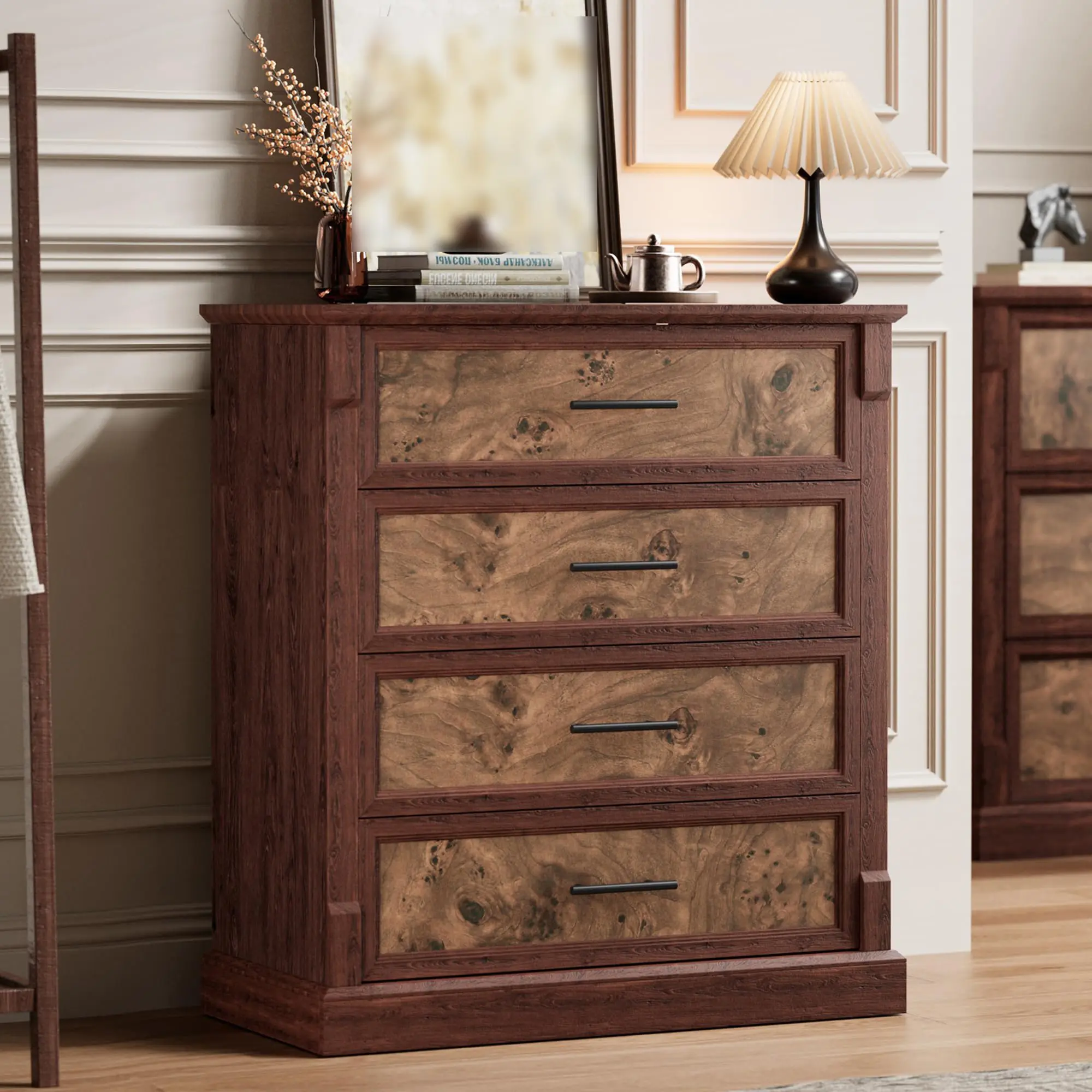 Sturdy 4-Drawer Farmhouse MDF Wood Dresser Chest - Rustic Distressed Finish Vertical Storage Cabinet, Metal Handles, Anti-Tip Safe, Reinforced Base, Easy Assembly Single Unit for Bedroom, Nursery