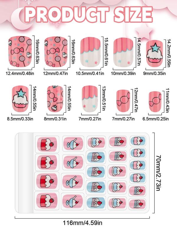 Kalolary 144PCS kids False Nail, Press on Pre-glue Full Cover Candy Pattern Short False Nail Kits,6Pack Press on Nails for Candy Child Nail Tips ,Holiday Gifts Lovely Gift for Kids Little Girls Nail Art Decoration Mommy & Me Valentine Nails Kit