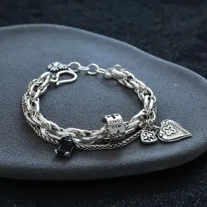 2026 New Trendy 925 Sterling Silver String Bracelet. Unisex Vintage Heart Cross Pendant, Perfect Daily & Gift Jewelry