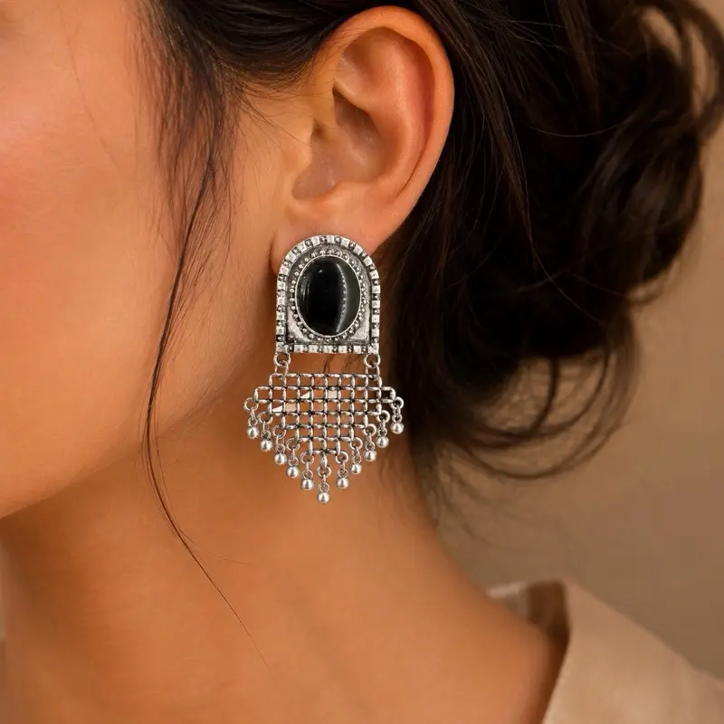 Oxidized Silver Jhumka Earrings with Black Stone Lattice Work Dangling Jewelry