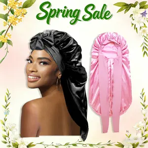 Bonnets for Black Womn Braid Bonnet Large Long Satin Silk Bonnet witeh Stretchy Tie Band Sleep Shower Cap Hair 2 Count Black & Pink