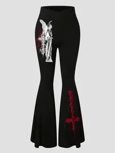 Women's leggings, crossover waistband, flared pants, Casual Slim Fitting, Gothic Fallen Angel pattern, comfortable fit, suitable for all seasons, stylish women's everyday bottoms, versatile and easy to match.