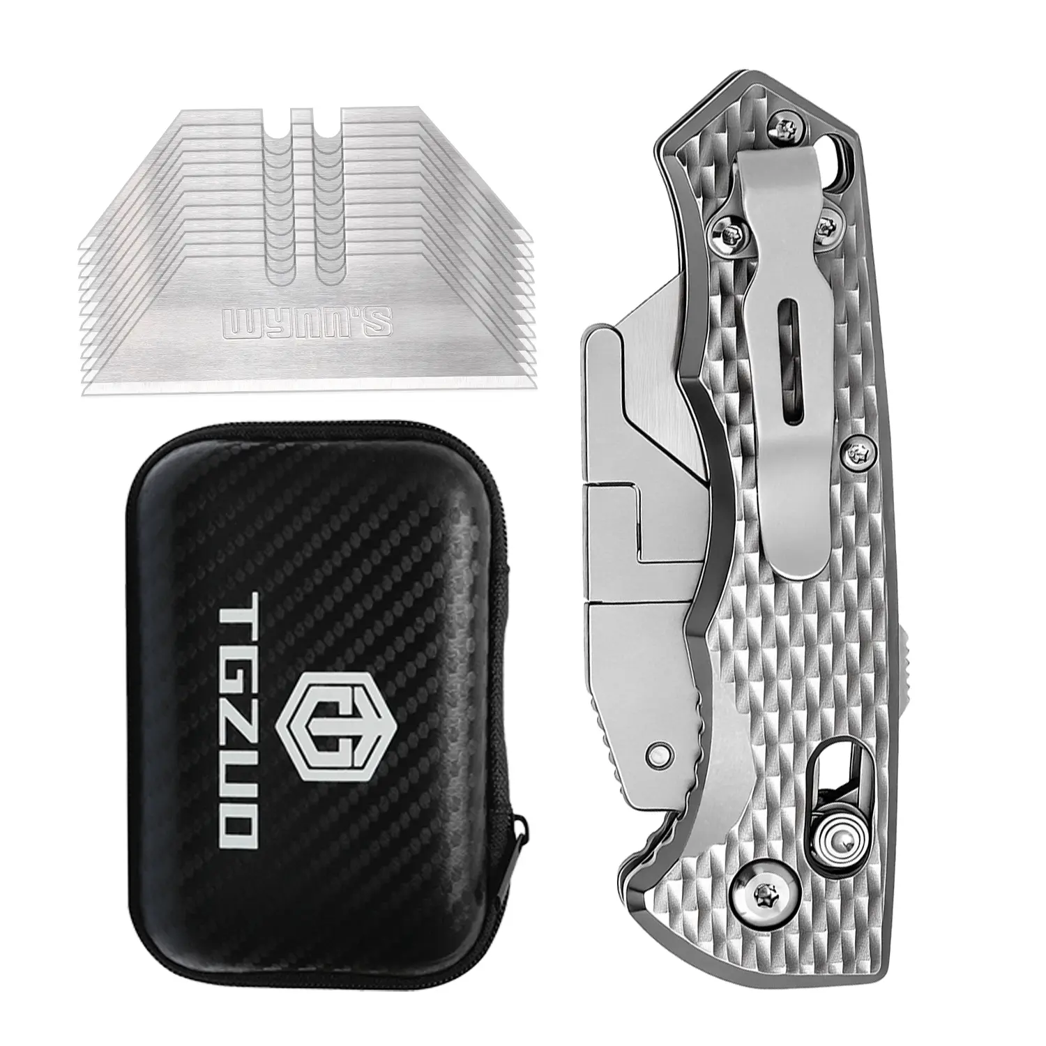 TGZUO V1 Foldable Adjustable Quick Change Utility Knife - 4.5 in Titanium Alloy, Non-Retractable, Includes 10pcs High-Carbon Steel Blades, EDC Gear with Pocket Clip, for Adults Camping, Includes Blades