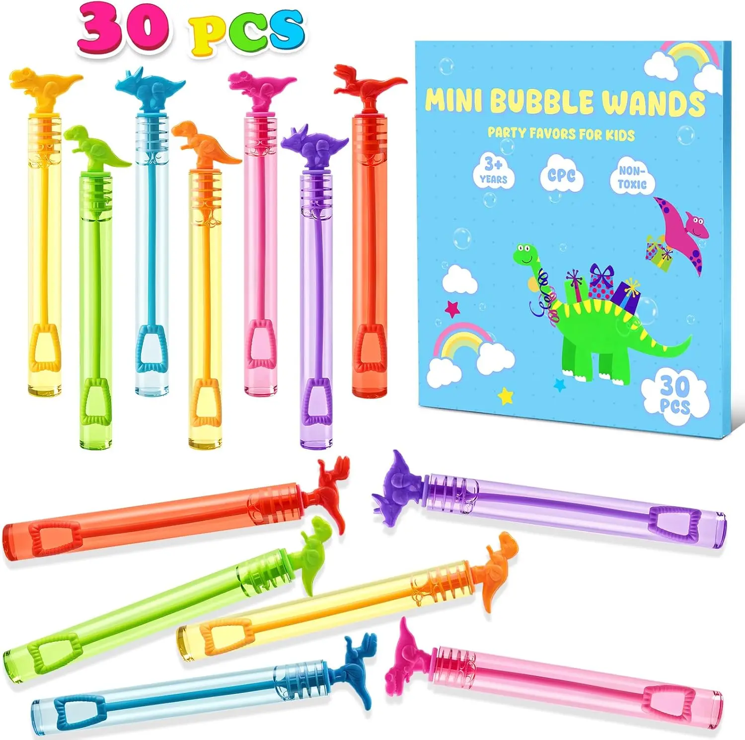 Halloween Fall Gift 30 Pack Small Mini Bubble Wands Bulk Dinosaur Party Favors for Kids Birthday Goodie Bag Stuffers Fillers School Classroom Prizes for Toddlers Student Gifts Outdoor Toys Party Supplies