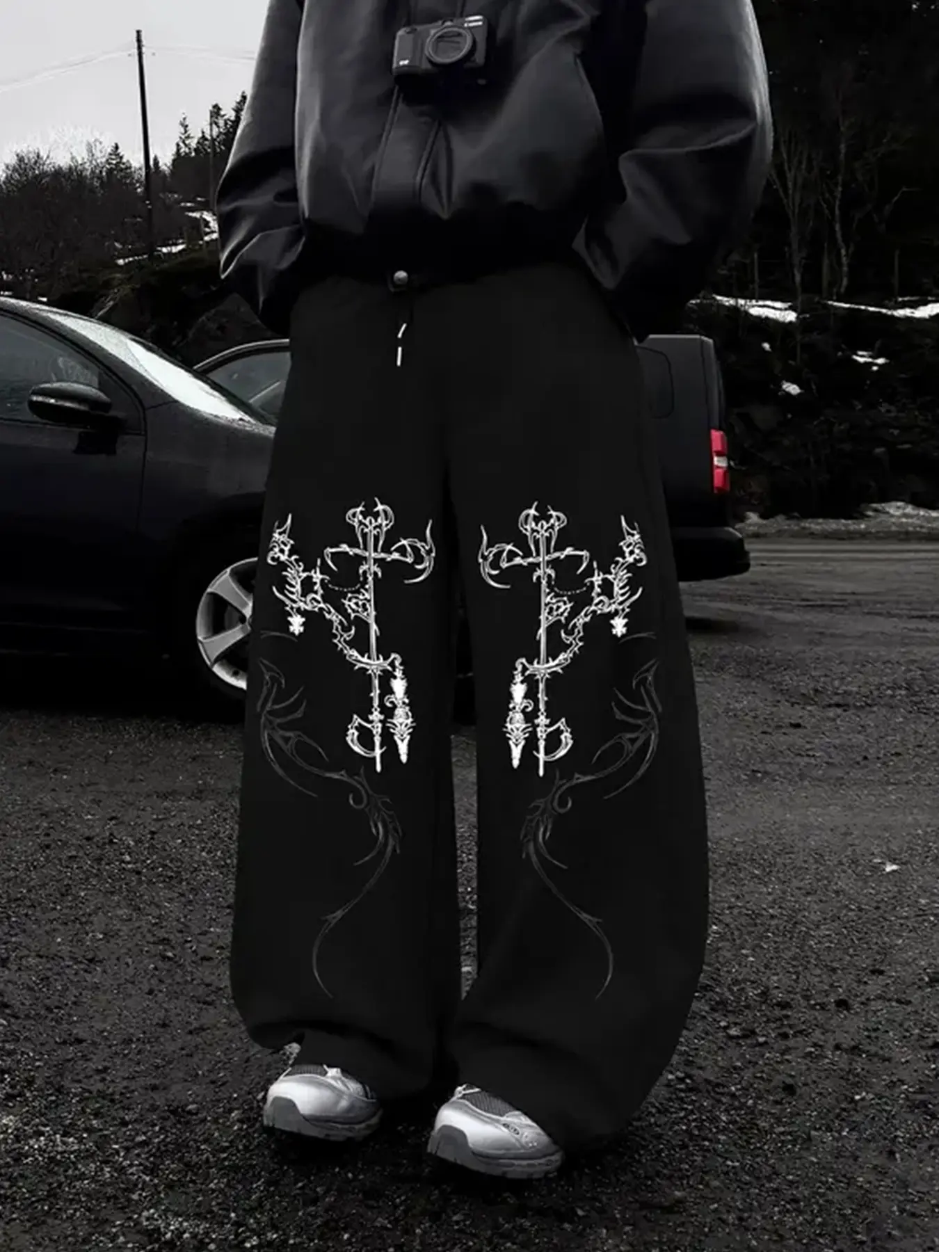 Y2K Grunge Wide Leg Pants, Ultra Loose Straight Leg Jeans with Tribal Print, Casual Streetwear for E-Boy/e-Girl, Trouser, Loose Fitting Jeans