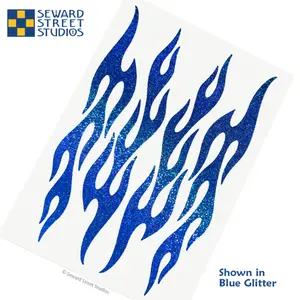 Set of 4 Blue Flames Glitter Decals, Flame Bike Helmet Stickers Sheet, Hotrod Fire Motorcycle Transfers / #876G-Blue