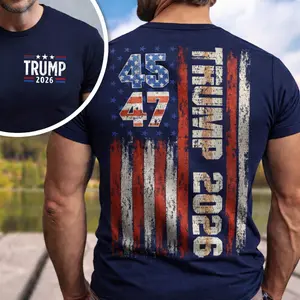 "Trump 2026" Patriotic T-Shirt – Distressed American Flag 45 47 Tee | Viral TikTok Conservative Statement Shirt | Olive Drab Military Style Top