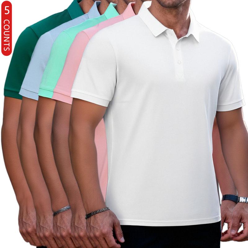 LIFE KEEPS MOVING Men's Striped Collar Polo Shirt Breathable Soft Regular Lapel Buttons Golf Outdoor Activity Top 5 Counts