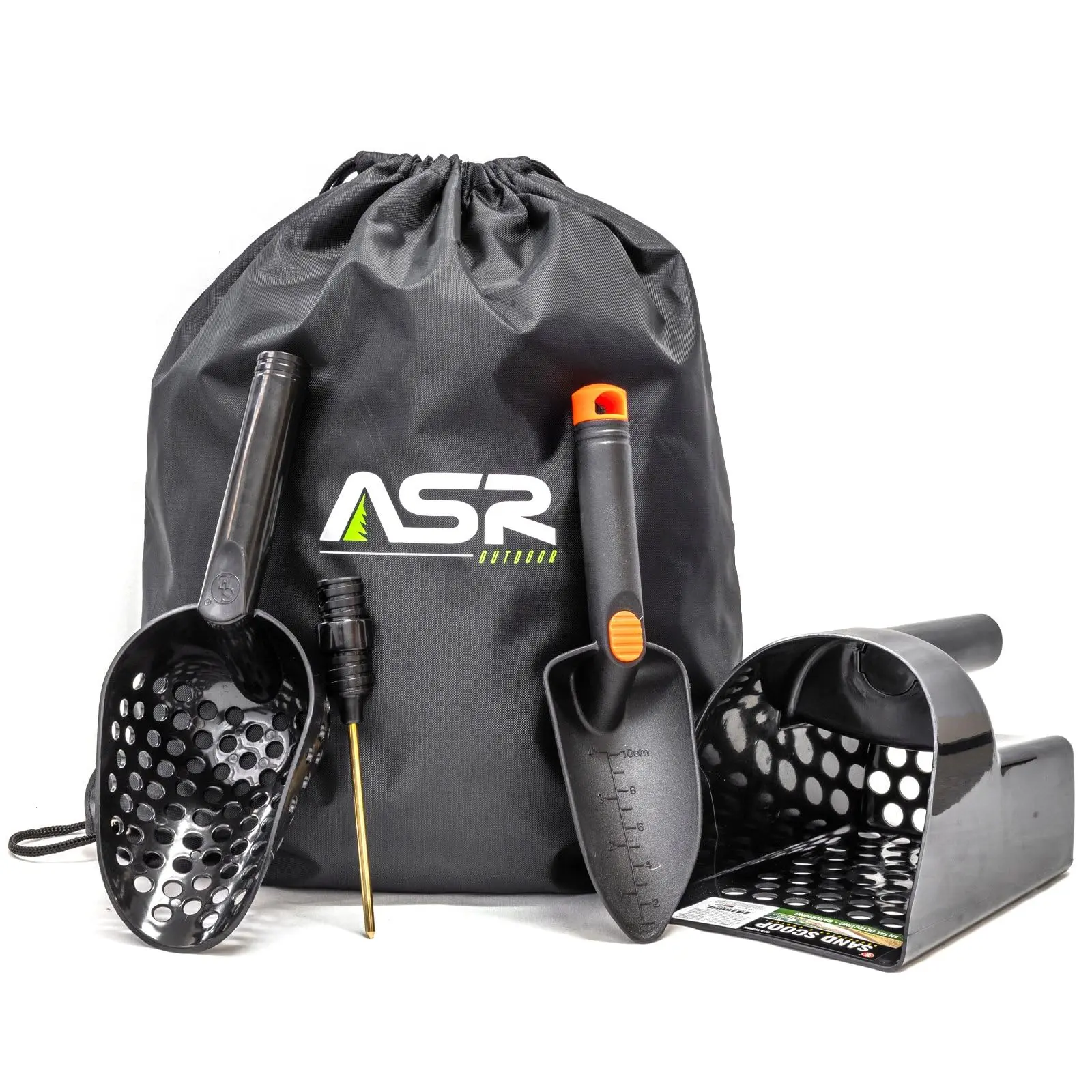 ASR Outdoor 5pc Metal Detecting Tools Kit with Drawstring Backpack, Coin Probe, and 9" Sand Scoop with 78 Holes for Dirt and Sand Digging
