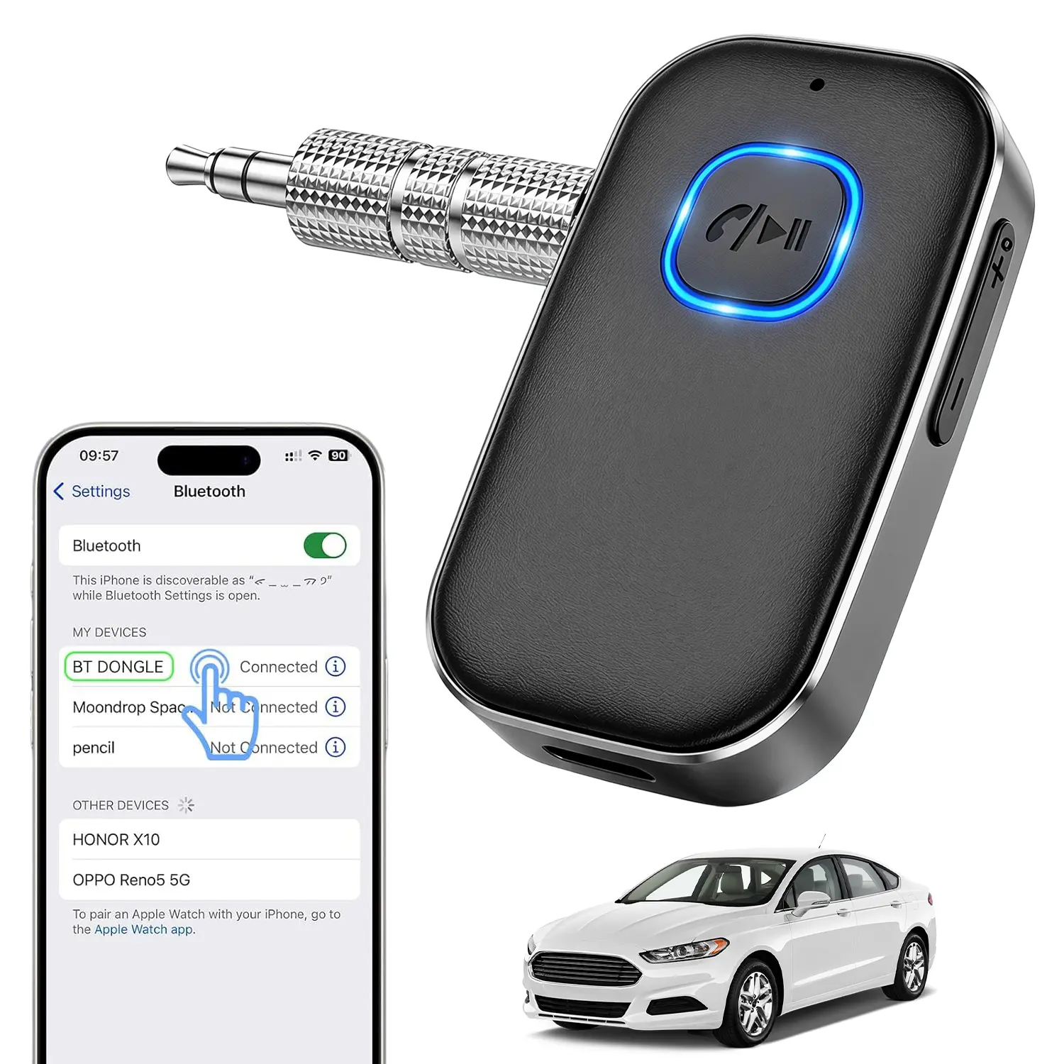 Bluetooth Receiver for Car, Audio Receiver and Wireless FM Transmitter, Noise Cancelling 3.5mm AUX Bluetooth Car Adapter, Wireless Audio Receiver for Home Stereo/Wired Headphones, Hands-Free Call, 16H Battery Life, Hands-Free Calls & Music, Gift for Men