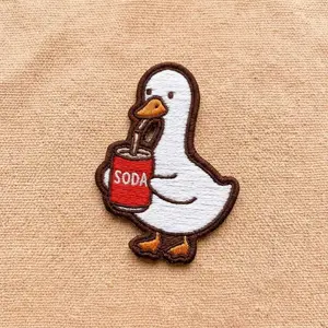 Cute Duck Drinking Soda Iron On Patch - Funny Duckling Embroidered Badge - Kawaii Animal Applique for Denim Jackets, Backpacks, Tote Bags