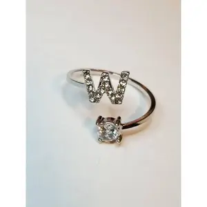 Silver W initial rhinestone adjustable ring