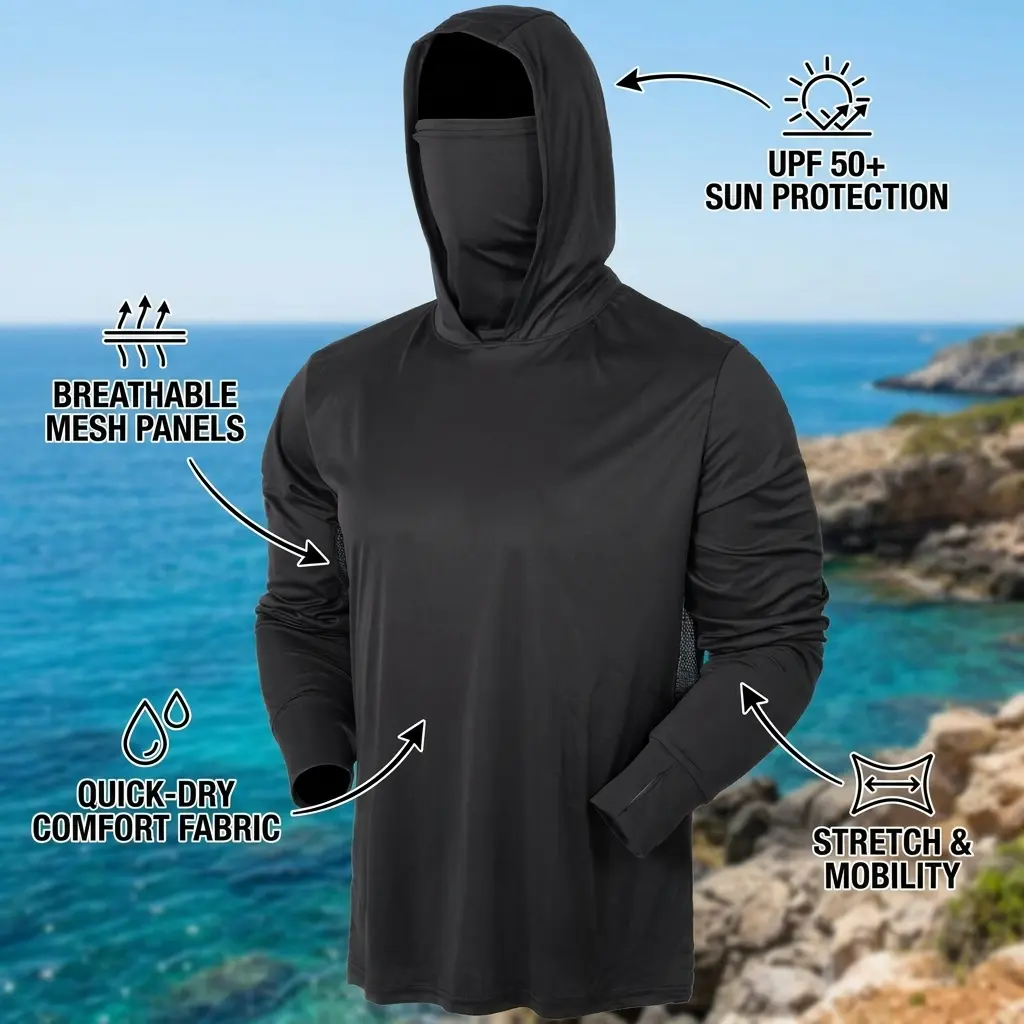 UPF 50+ Sun Protection Hoodie for Men with Neck Gaiter - Lightweight Breathable Long Sleeve UV Protective Shirt, Moisture-Wicking Outdoor Fishing Hiking Performance Wear
