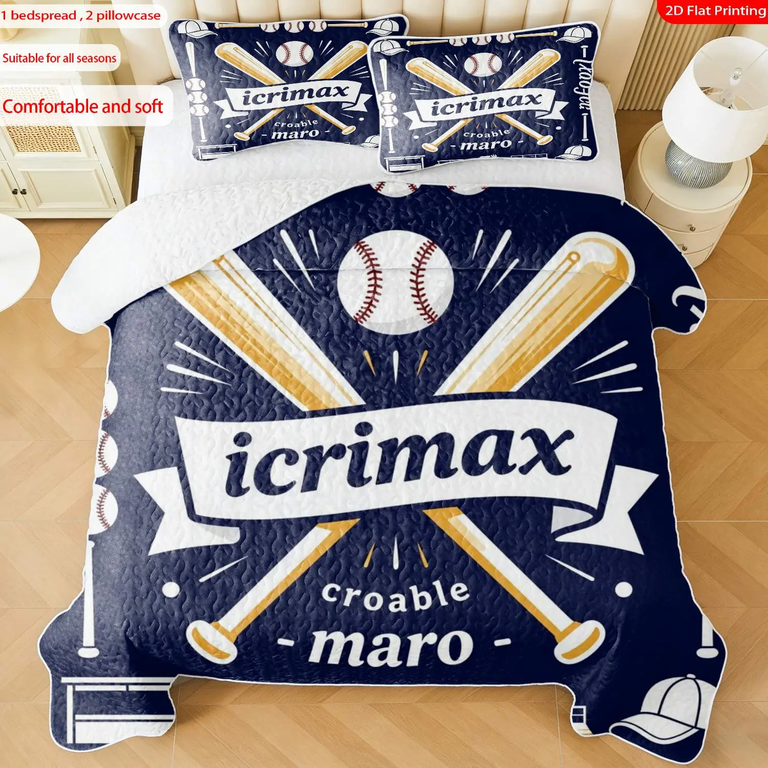 3 pcs, 2D flat print Vintage Baseball Themed Bed Cover Set, Multiple Sizes Available, Bedding Set, Festive Decorative Bedding, Ideal for Bedroom Décor(1 bedspread , 2 pillowcase)