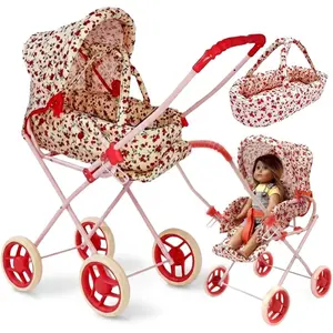 3-in-1 Stroller Play Set with Removable Bassinet Baby Carriage Toy Doll Stroller for Toddlers 3-4 Years (Floral)