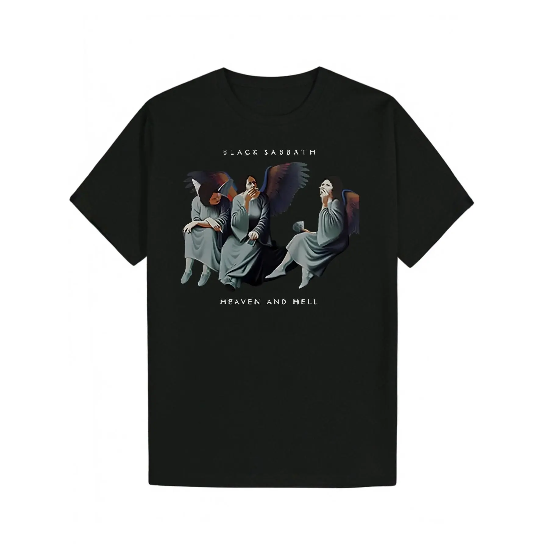 Men'S Casual Black T-Shirt with Angel Design - "Black Sabbath Heaven and Hell" Print, Short Sleeve, Round Neck, Summer Tee, Casual Summer Wear |   Angelic Theme Tee |   cotton Fabric