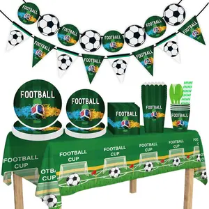 Soccer Game Day Party Supplies Set for 10 Guests, Football Theme Disposable Dinnerware Decoration Kit - Includes Paper Plates, Cups, Napkins, Tablecloth & Cutlery for Sports Fan Watch Party