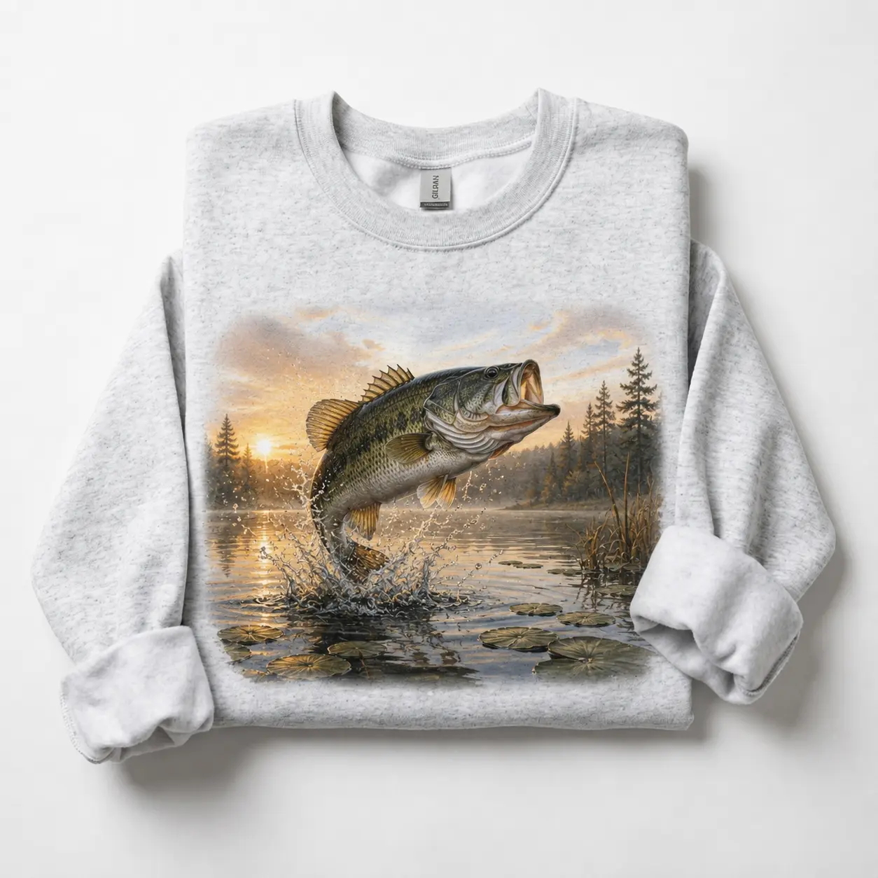 Largemouth Bass Lake Sunset Sweatshirt - Classic Freshwater Fish Nature Crewneck Pullover for Men Women
