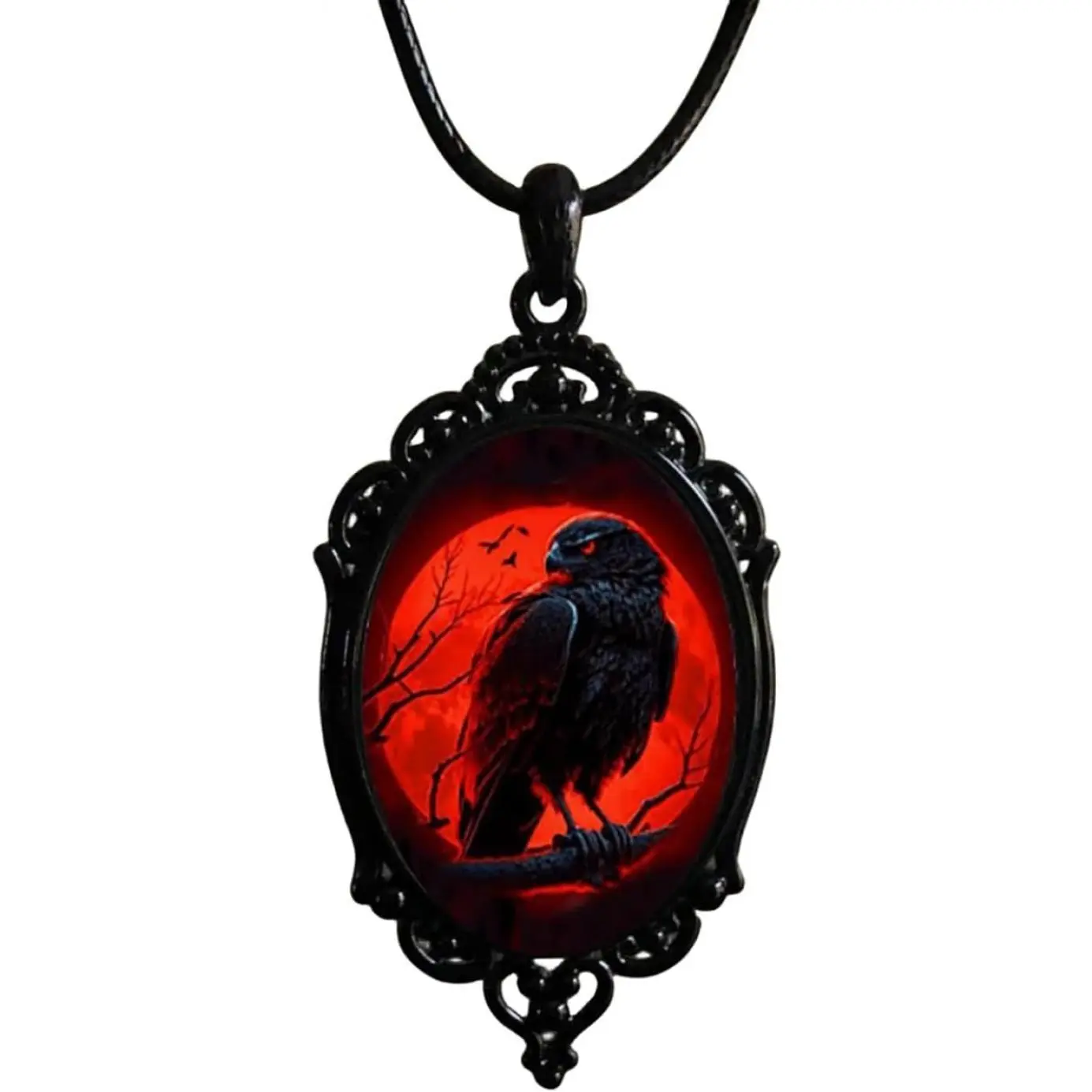 Gothic Cross Crow Necklace Vintage Dark Raven Embossed Pendant Necklace Punk Black Crow Glass Choker Halloween Gothic Dark Style Jewelry for Men and Women