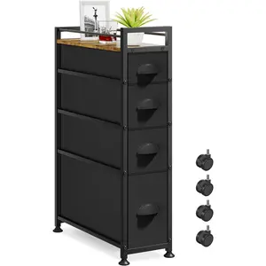 4 Drawer Narrow Dresser Slim Cabinet Skinny Storage Tower Chest, Ideal for Small Spaces Bathroom Bedroom, Between Washer and Dryer, Lightweight Mobile on Wheels, Sturdy Fabric Drawers, Black