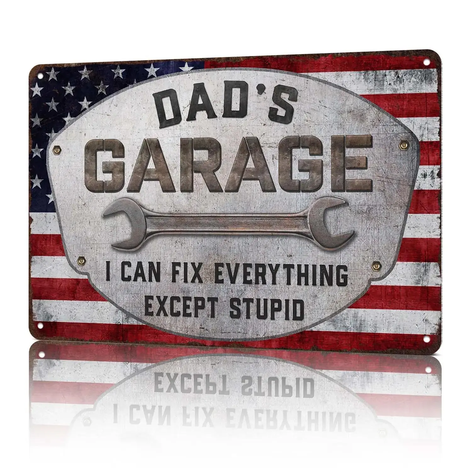Dad's Garage Humor Metal Sign - 8x12 Inch Aluminum Decor, "I Can Fix Everything Except Stupid" Comedy Funky Wall Art, Easy Install Home Decor Gift for Dads, Family & Friends