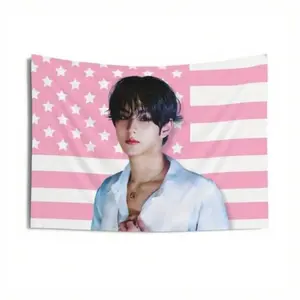 1pc Enha Jungwon Kpop Tapestry Banner - American Flag Patriotic Stars & Stripes Print, Polyester Fabric & Peach Light Beige Velvet Texture, Durable Lightweight Decorative Wall Hanging, Photo Backdrop Home Decor Gift for Kpop Fans