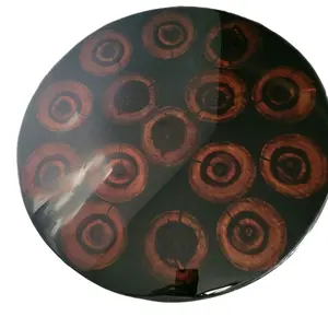 Resine Epoxy Table with Unique Wooden Ring Design and Black Base