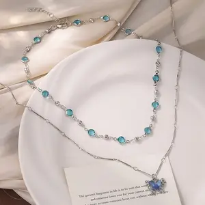 2pcs Elegant Double-Layer Alloy Butterfly Pendant Necklace, Exquisite Luxury Blue Artificial Rhinestone Necklace for Women, Perfect Gift for Holidays and Valentine'S Day