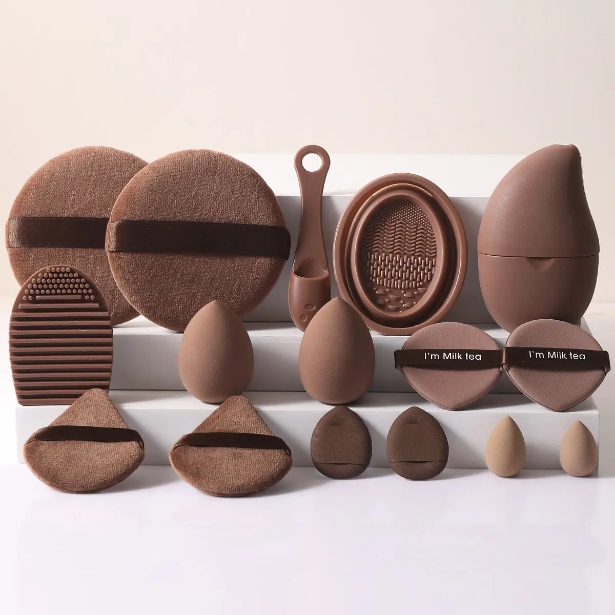 16-Piece Face Makeup Tool Set, 2 Large Makeup Sponge Puffs & 2 Large Round Puffs & 2 Mini Makeup Sponges & 2 Fan-Shaped Puffs & 2 Thumb Puffs & 2 Cushion Puffs & Cleaning Bowl & Nose Cleaner Brush & Egg Shape Cleansing Brush & Ice Compress Mold