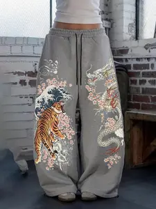 Women's New Style Tiger Dragon Print Loose Fit Streetwear Pants, Pockets, Animal Print, Casual Fitted Drawstring Waist, Long Regular Length, Fall & Winter