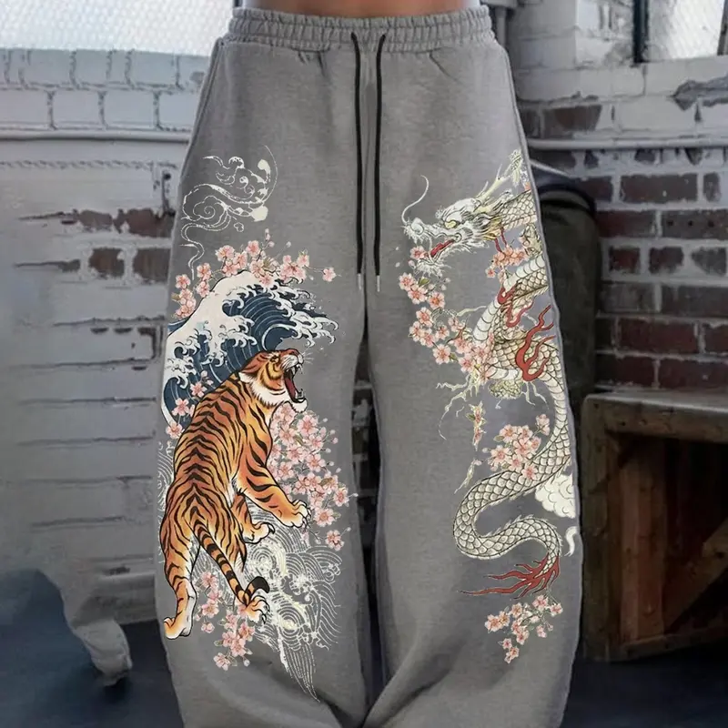 Women's New Style Tiger and Dragon Print Loose Fit Streetwear Pants, Drawstring Waist, Long Regular Length, Fall and Winter, Adjustable Casual Bottoms