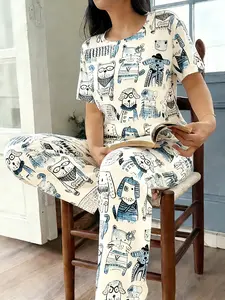 Women's Cute Pet Pattern Sleepwear Set Pajama Set, Spring Summer New Arrival, Ultra-Comfortable Home & Leisure Wear, Fitted Design