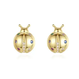 Cuafufu 925 Sterling Silver Ladybug Stud Earrings -18K Gold Plated Ladybug Earrings with Multicolor Cubic Zirconia Dainty Good Luck Earrings for Women