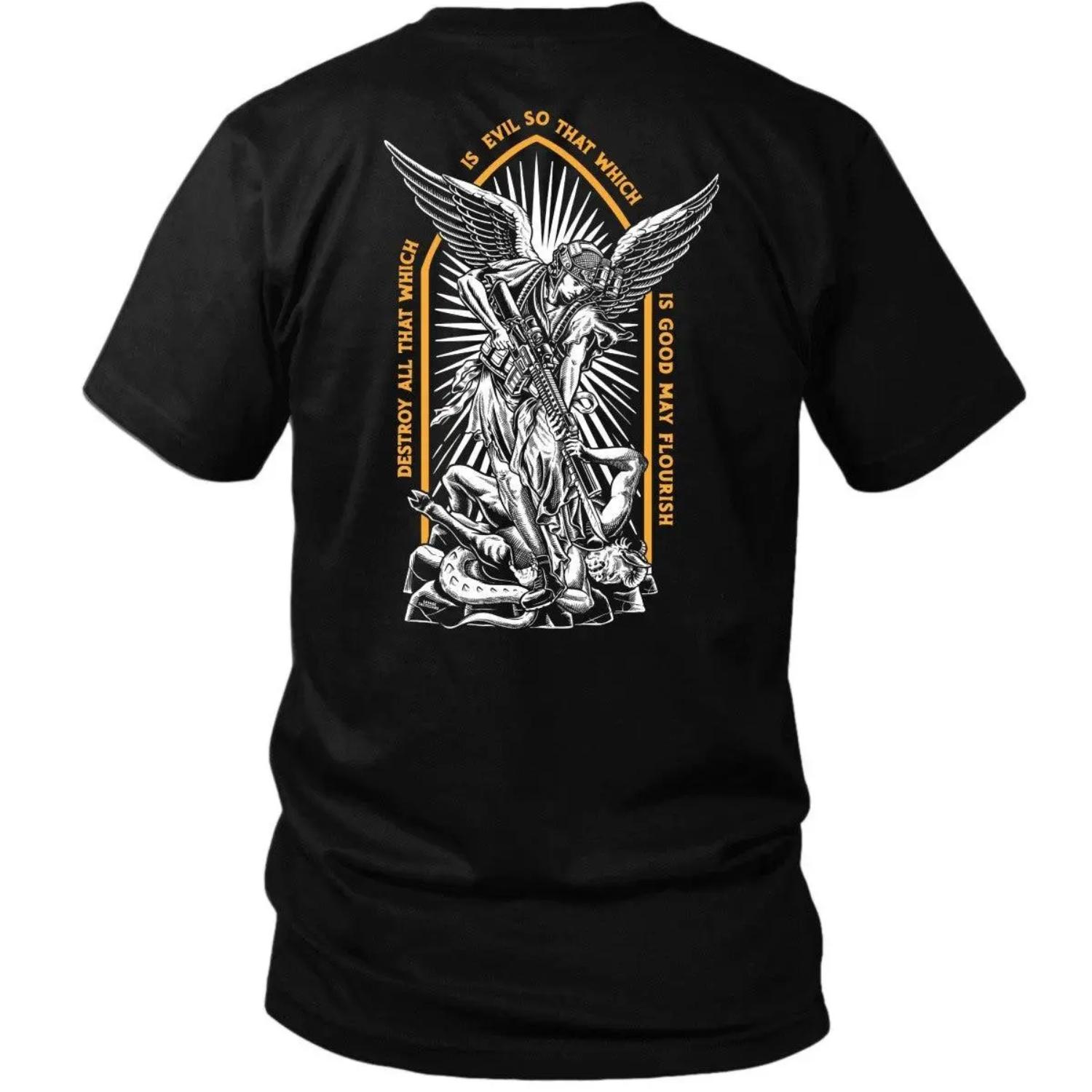 Saint Michael Tactical Shirt Featuring Angel Warrior Graphic and Good Versus Evil Message Christian Tactical Apparel for Men Embracing Faith and Strength Military Style Streetwear for Tactical Lifestyle and Gym