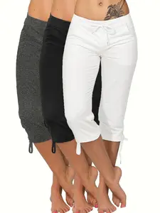 Pack of 3 women’s lightweight capri pants with drawstring waist — casual pants, comfortable and stylish, suitable for everyday wear in spring and summer | Casual pants