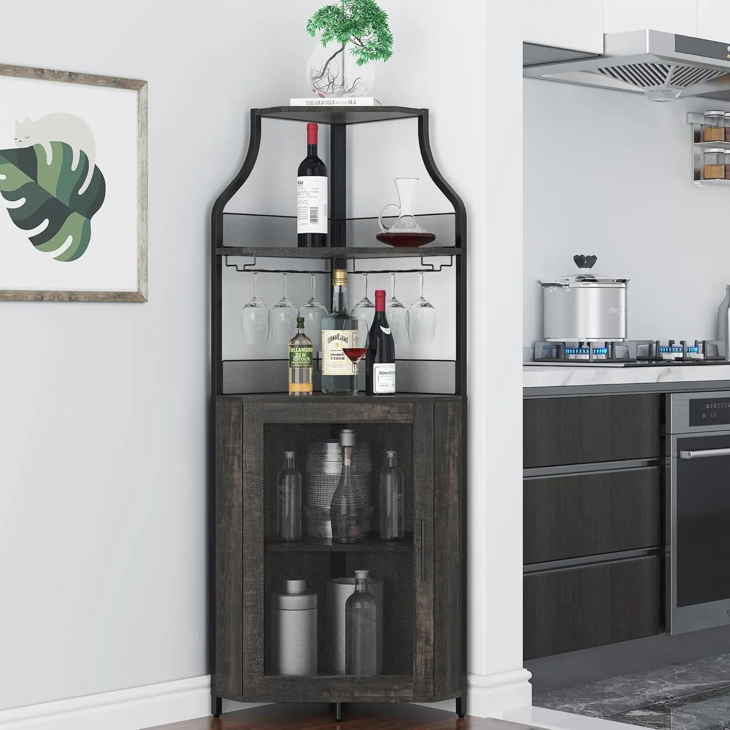 Gaomon Rustic Oak Gray Farmhouse 5-Tier MDF Wood Kitchen Buffet Sideboard (Liquor Cabinet) with Metal Frame, Open Top, Adjustable Shelf, Glass Holder, Quick Setup & Assembly Required for Dining Room Storage Organization